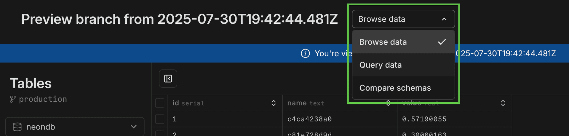Backup and restore preview data options