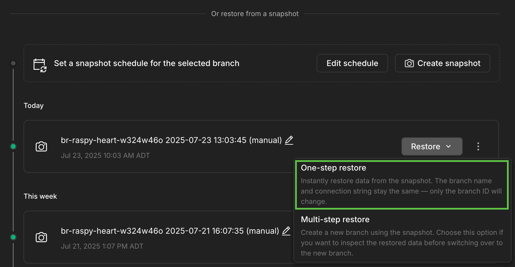 One step restore option